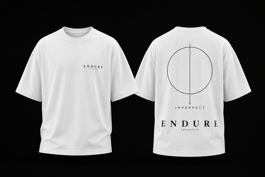 White Imperfect Circle oversized graphic T-shirt front and back mockup by ENDURE COLLECTIVE